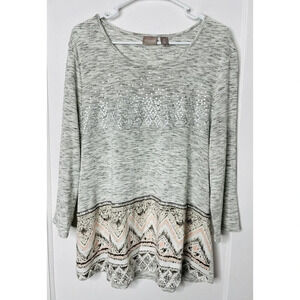 Chicos Womens Knit Tunic Shirt Sz 3 Heathered Gray Sequin Stretch 3/4 Sleeves